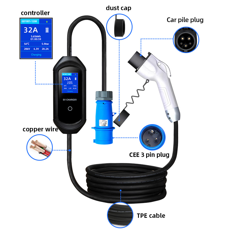 16A 3.5kW 32A 7kW Type 2 Portable EV Charger IEC 62196 Cable for New Energy Car