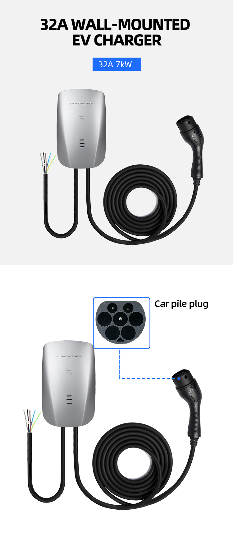 European Standards 1 Phase Current Switching 32A AC EV Charger Type2 Wallbox 7KW Electric Car EV Charging Station
