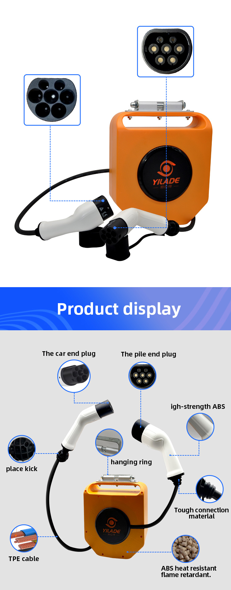 YILADE 3.5KW 22KW Type2 to Type 2 16A 32A EV Retractable Charging Cable Reel for Car