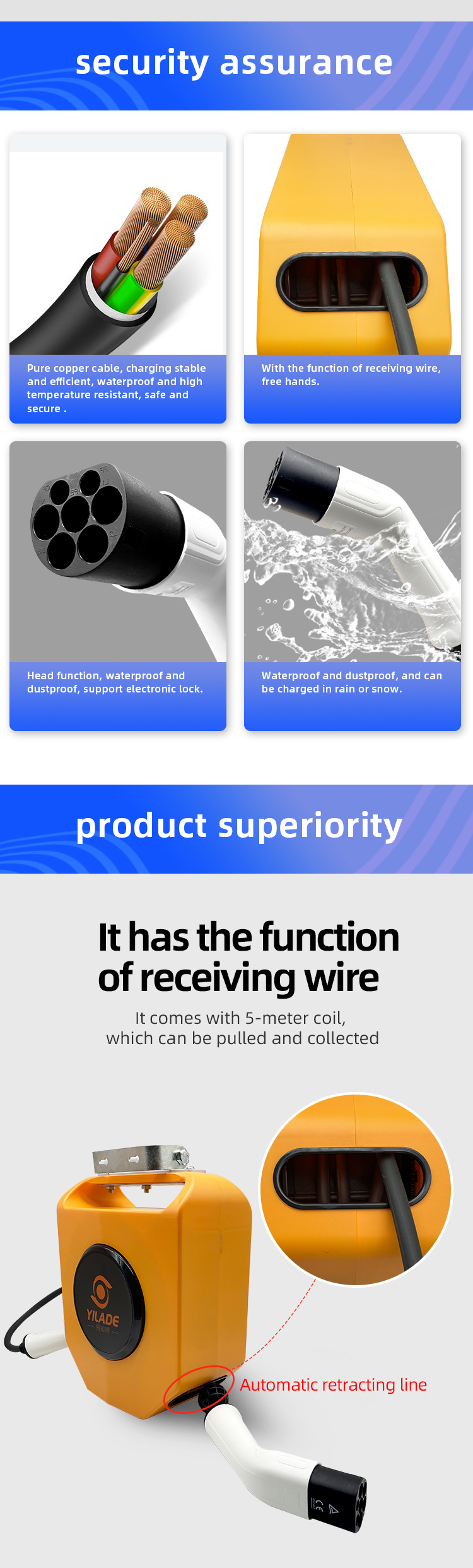 YILADE 3.5KW 22KW Type2 to Type 2 16A 32A EV Retractable Charging Cable Reel for Car